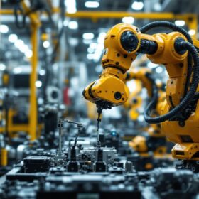 A photograph of a dynamic industrial robot in action within a modern manufacturing environment