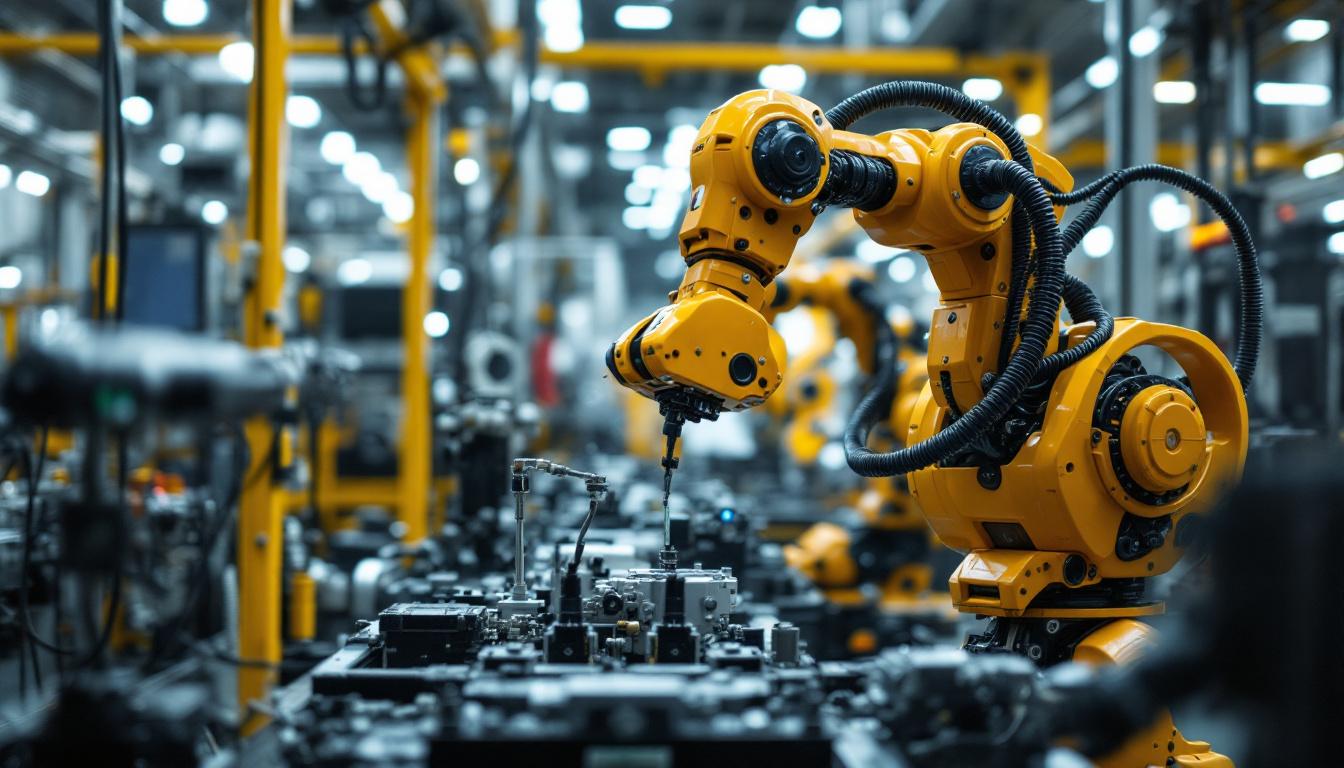 A photograph of a dynamic industrial robot in action within a modern manufacturing environment
