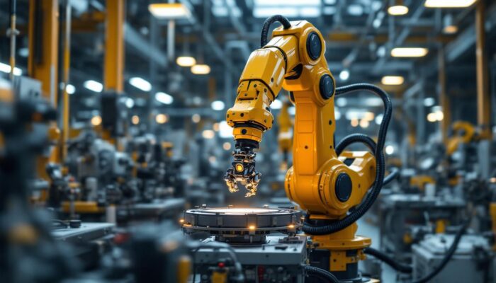 A photograph of a sleek industrial robotic arm in action within a modern manufacturing environment