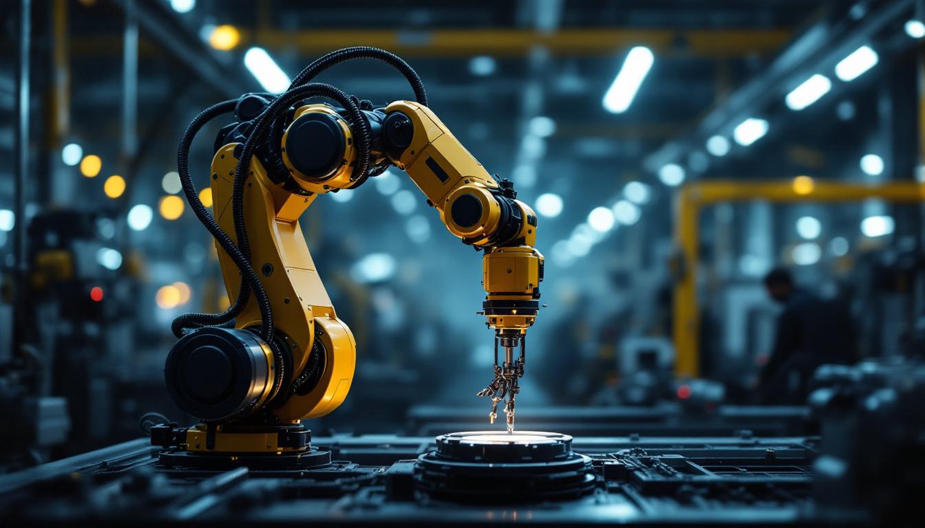 A photograph of a sleek industrial robotic arm in action within a modern manufacturing setting