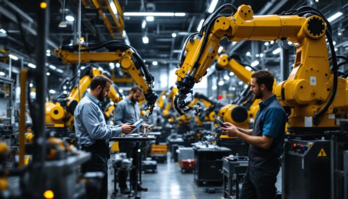 A photograph of a dynamic industrial robotics scene at a nelnet facility