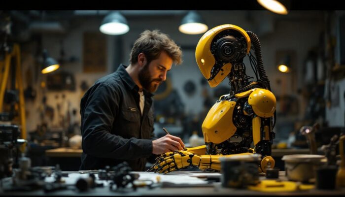 A photograph of a skilled technician working on a detailed animatronic figure in a well-lit workshop