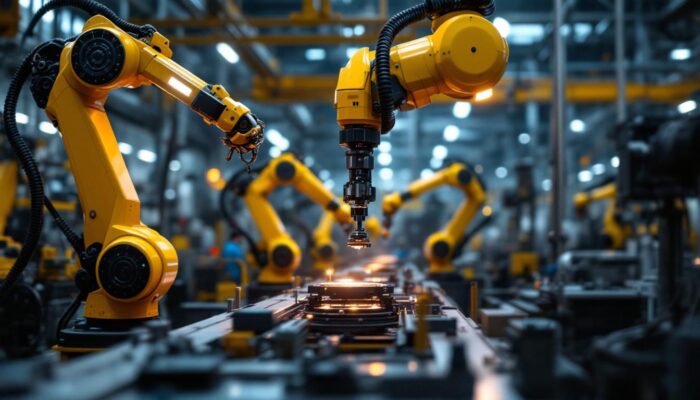 A photograph of a dynamic industrial workspace featuring advanced robotic arms in action