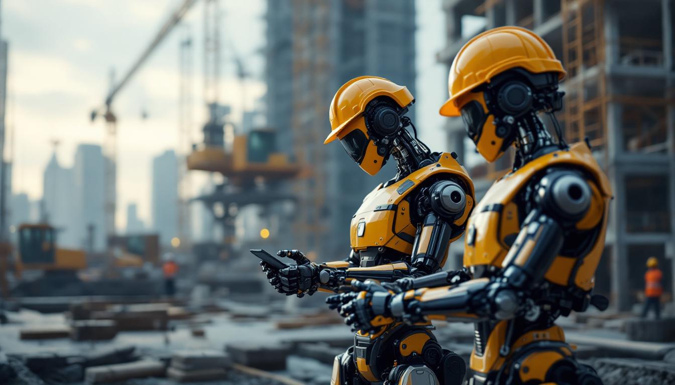 A photograph of a modern construction site featuring industrial robots in action