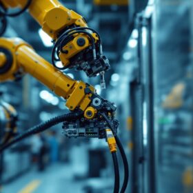 A photograph of a technician connecting an industrial robotic arm to a network switch using a thick ethernet cable