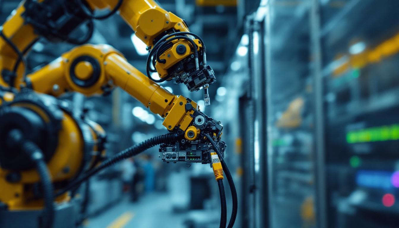 A photograph of a technician connecting an industrial robotic arm to a network switch using a thick ethernet cable