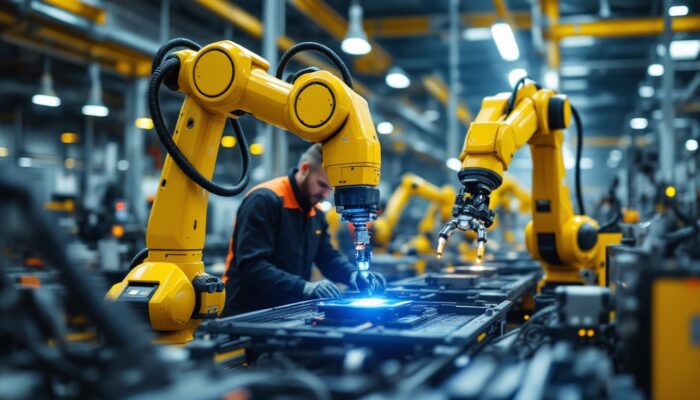 A photograph of a dynamic industrial setting featuring advanced robotic arms in action
