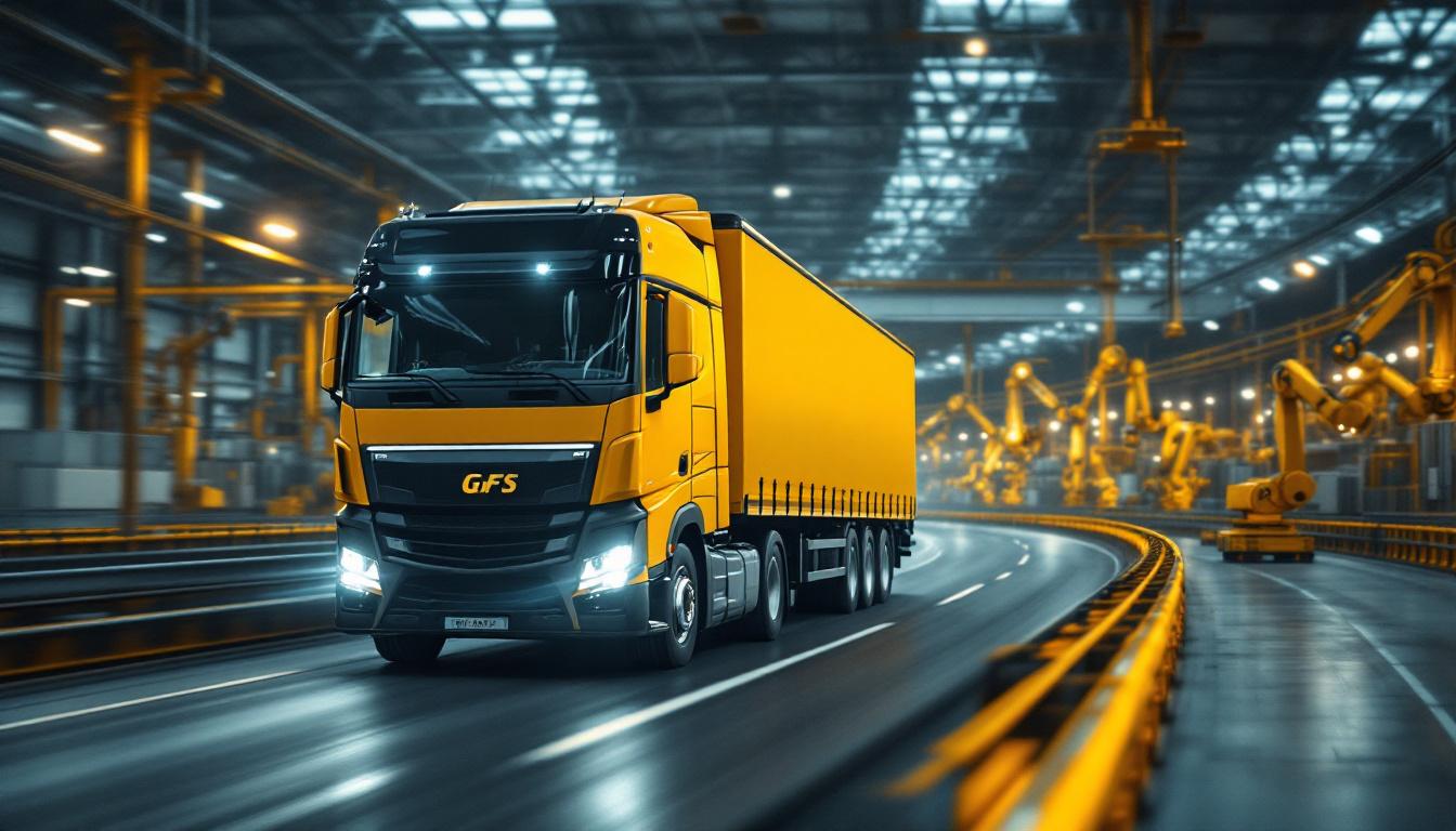 A photograph of a gfs truck in motion on a highway