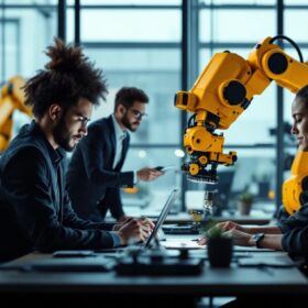A photograph of a modern workspace featuring a diverse group of professionals collaborating on robotic process automation projects