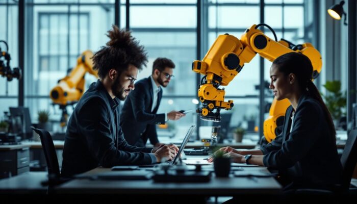 A photograph of a modern workspace featuring a diverse group of professionals collaborating on robotic process automation projects