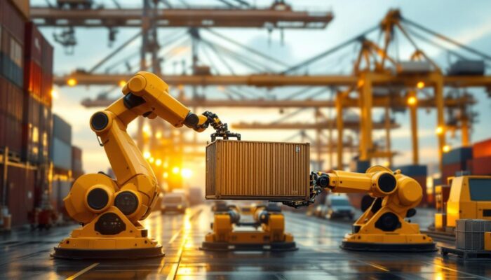 A photograph of a dynamic scene showcasing industrial robots efficiently unloading shipping containers in a bustling port environment
