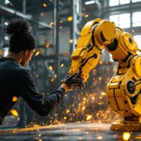 A photograph of a dynamic scene featuring les twins showcasing their unique dance style alongside a visually striking industrial robotic arm in action