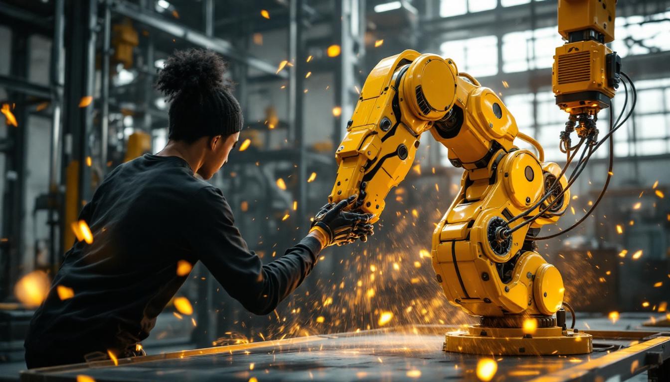 A photograph of a dynamic scene featuring les twins showcasing their unique dance style alongside a visually striking industrial robotic arm in action