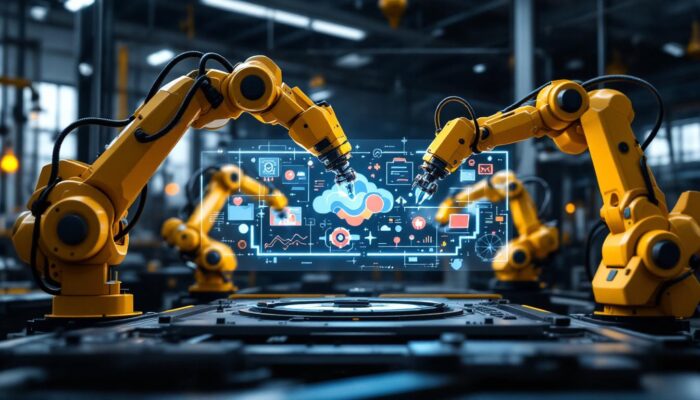 A photograph of a dynamic industrial robotics scene in a modern factory setting