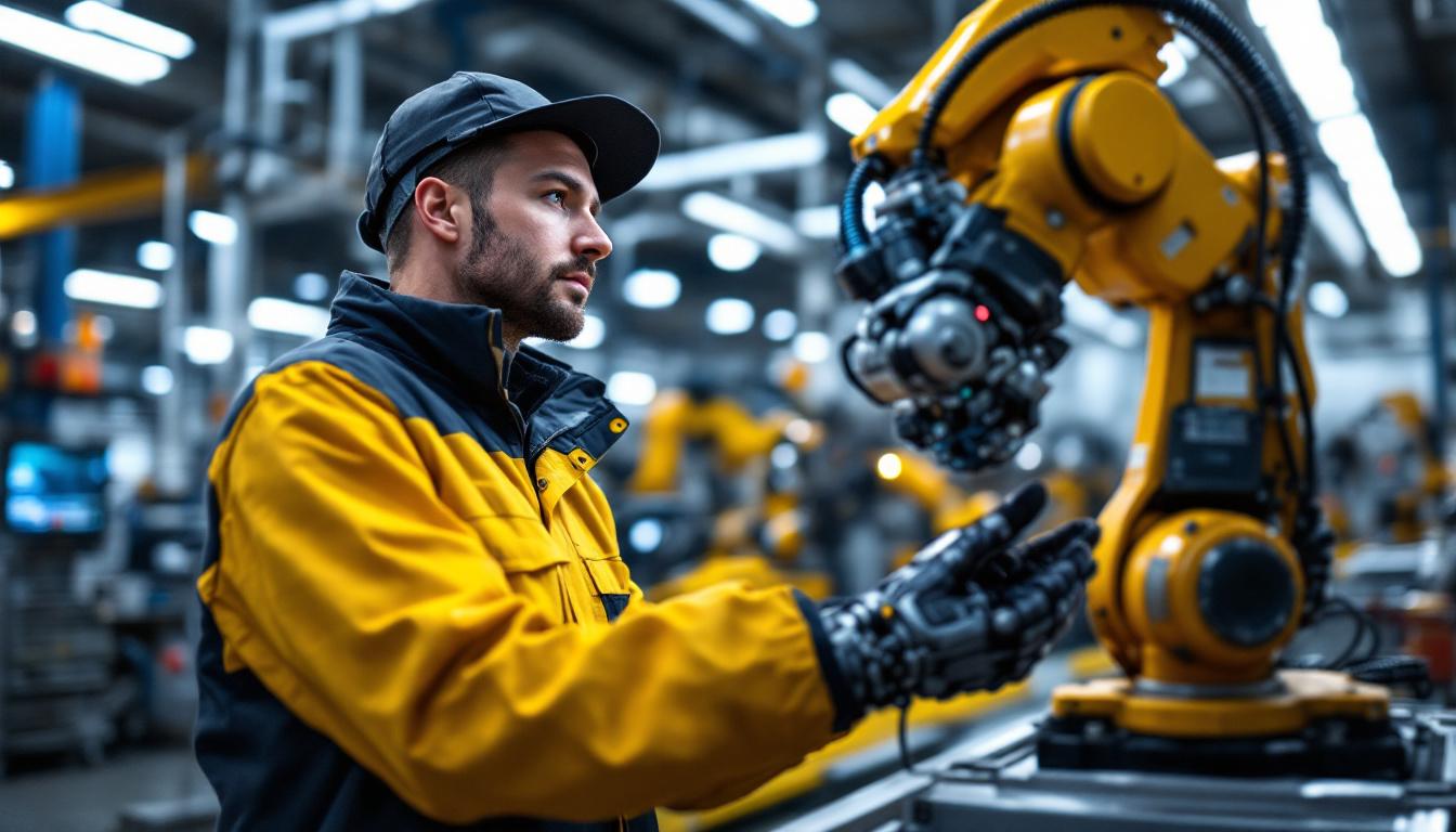 A photograph of a field sales engineer interacting with an advanced industrial robotic system in a dynamic factory setting