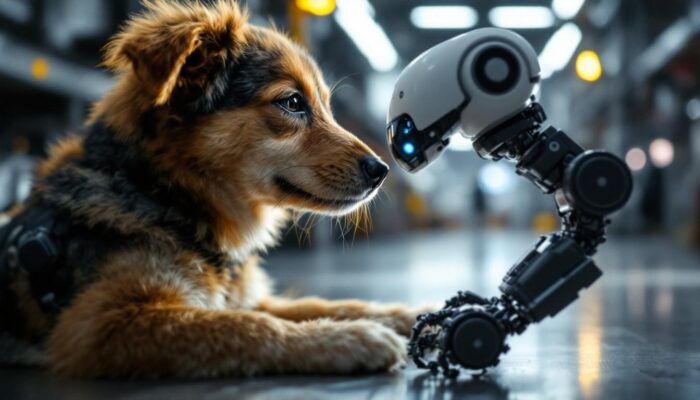 A photograph of a playful fido dog interacting with a sleek industrial robot in a dynamic setting