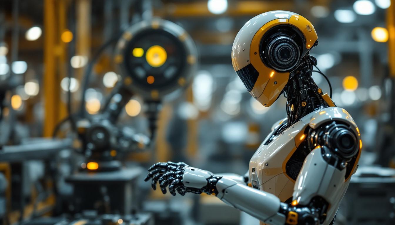 A photograph of capture a photograph of a sleek industrial robot in action on a factory floor