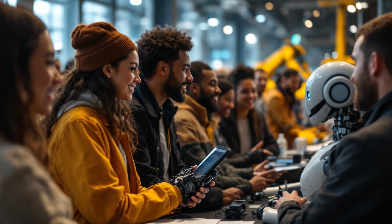 A photograph of a dynamic job fair scene featuring a diverse group of enthusiastic job seekers engaging with representatives from companies showcasing industrial robots