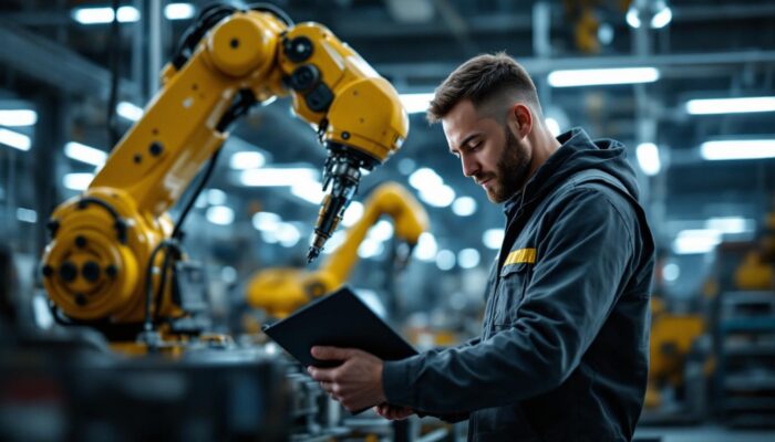 A photograph of a jr. mechanical engineer working collaboratively in a modern industrial setting