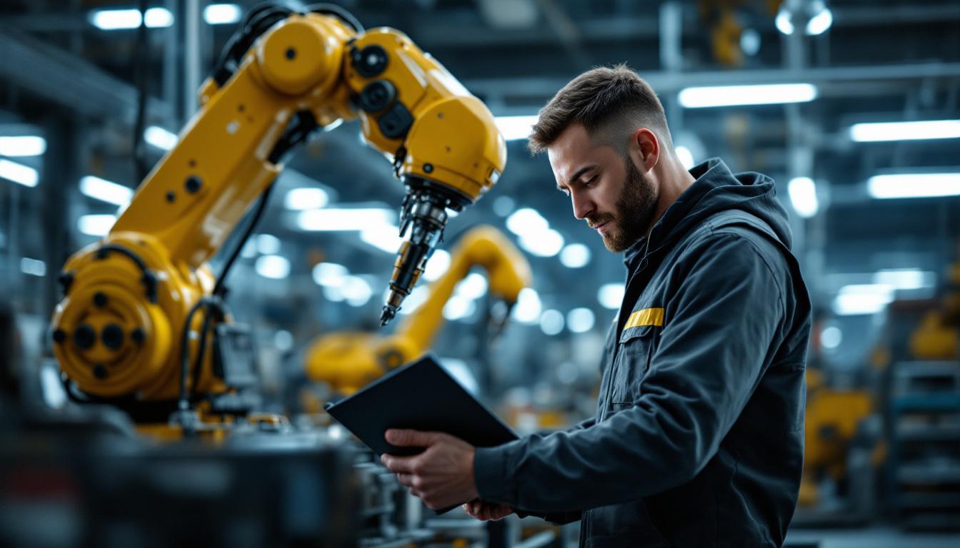 A photograph of a jr. mechanical engineer working collaboratively in a modern industrial setting