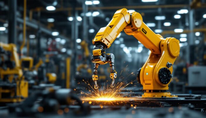 A photograph of a stretch arm industrial robot in action