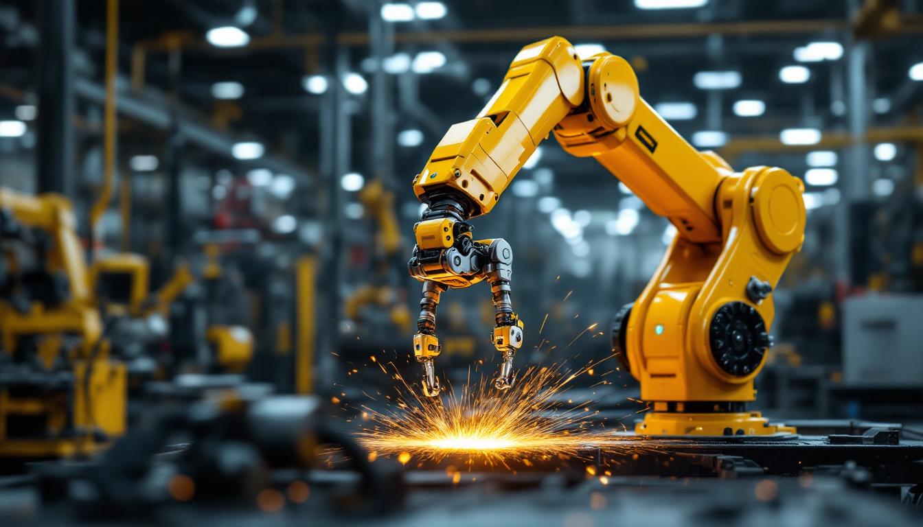 A photograph of a stretch arm industrial robot in action