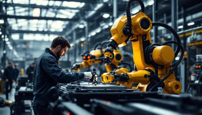 A photograph of a dynamic industrial setting featuring a collaborative robot (cobot) working alongside human operators
