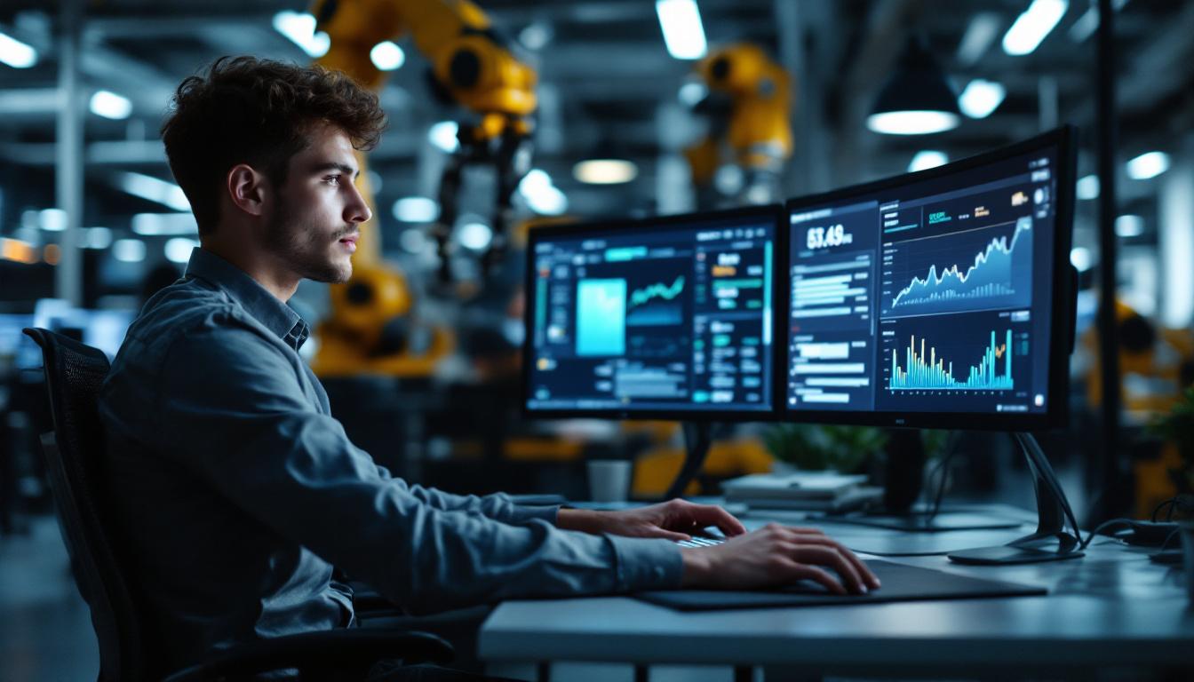 A photograph of a young financial analyst working at a desk in a modern office setting
