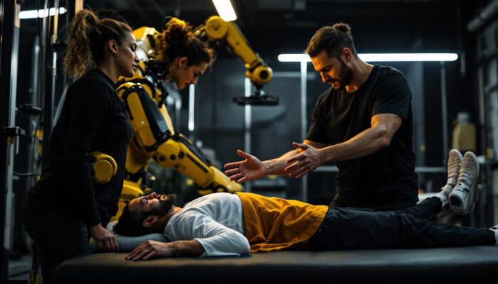 A photograph of a dynamic scene showcasing a stretch lab session with a client receiving personalized stretching assistance