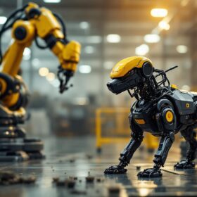 A photograph of a military robot dog in action alongside an industrial robotic arm