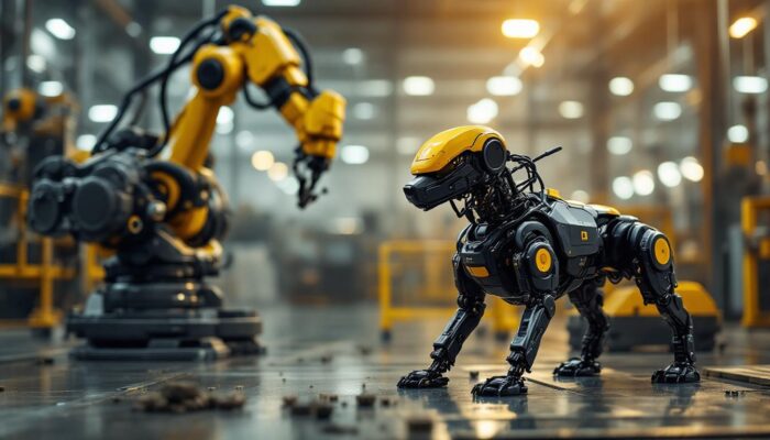 A photograph of a military robot dog in action alongside an industrial robotic arm