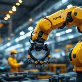 A photograph of capture a photograph of a dynamic industrial setting featuring a sleek dyne corp robotic arm in action