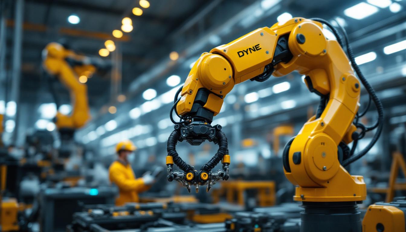 A photograph of capture a photograph of a dynamic industrial setting featuring a sleek dyne corp robotic arm in action