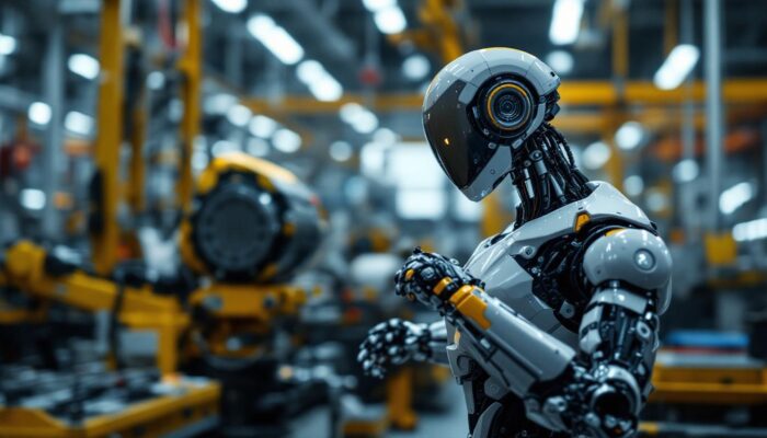 A photograph of a sleek industrial robot in action