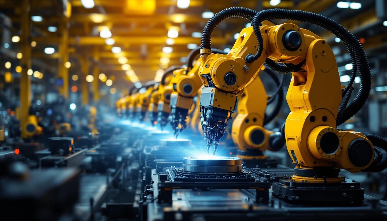 A photograph of a state-of-the-art assembly line featuring industrial robots in action