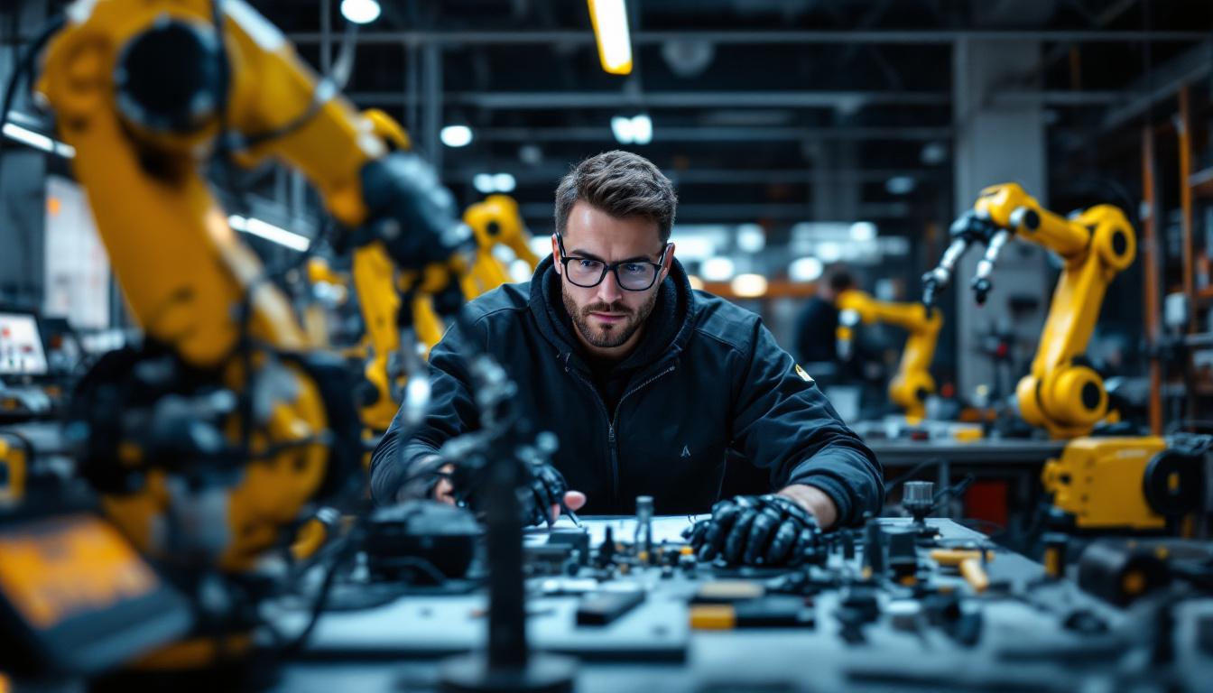 A photograph of a robotics developer working intently at a workstation surrounded by industrial robotic arms and high-tech tools