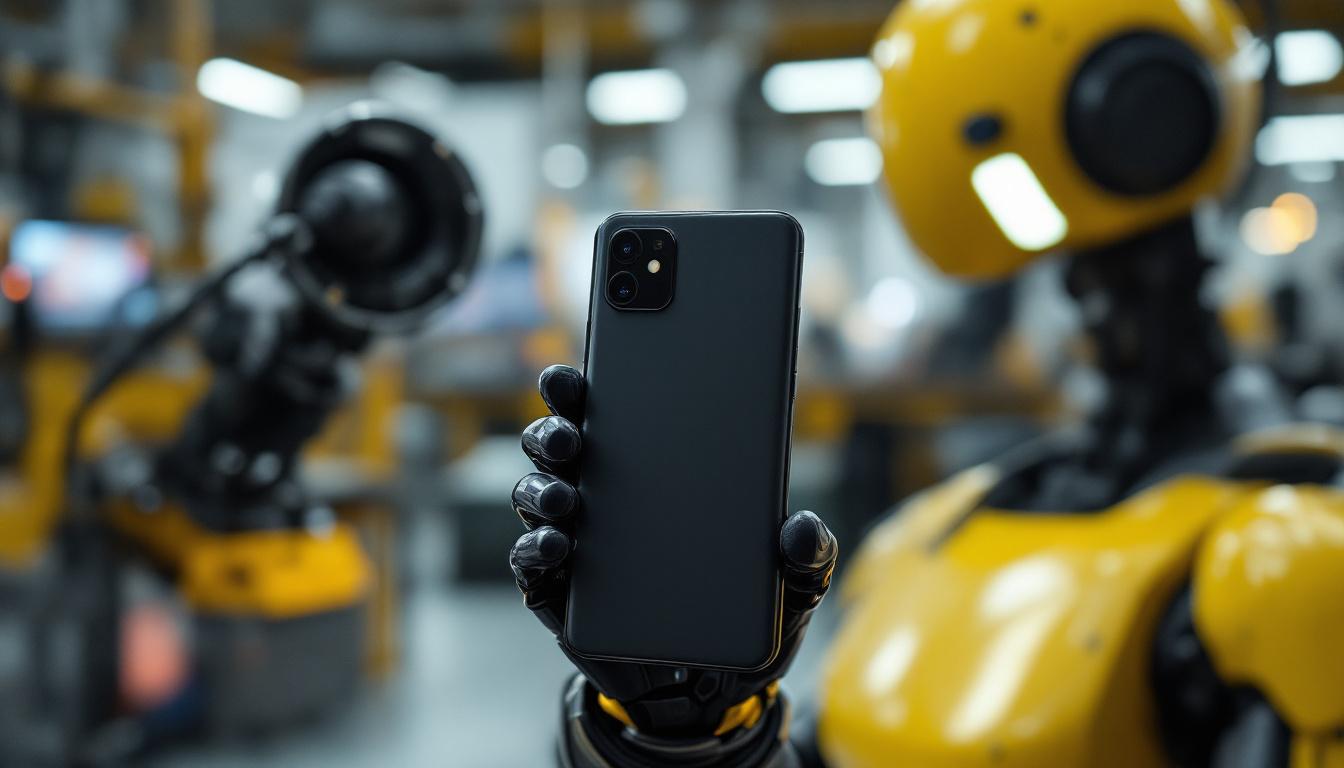 A photograph of a google cambridge phone alongside an industrial robot in a modern workspace