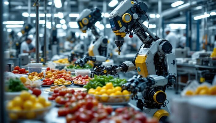 A photograph of capture a photograph of a bustling boston food production facility