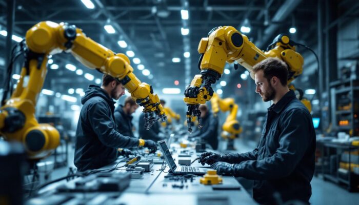 A photograph of capture a photograph of a futuristic industrial robotics workspace