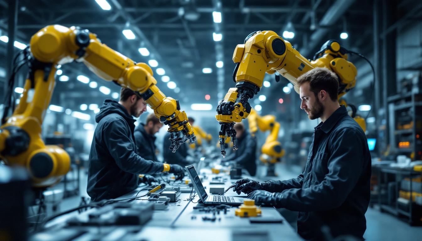 A photograph of capture a photograph of a futuristic industrial robotics workspace