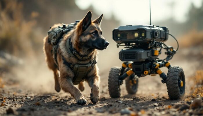 A photograph of a military working dog in action alongside a robotic unit