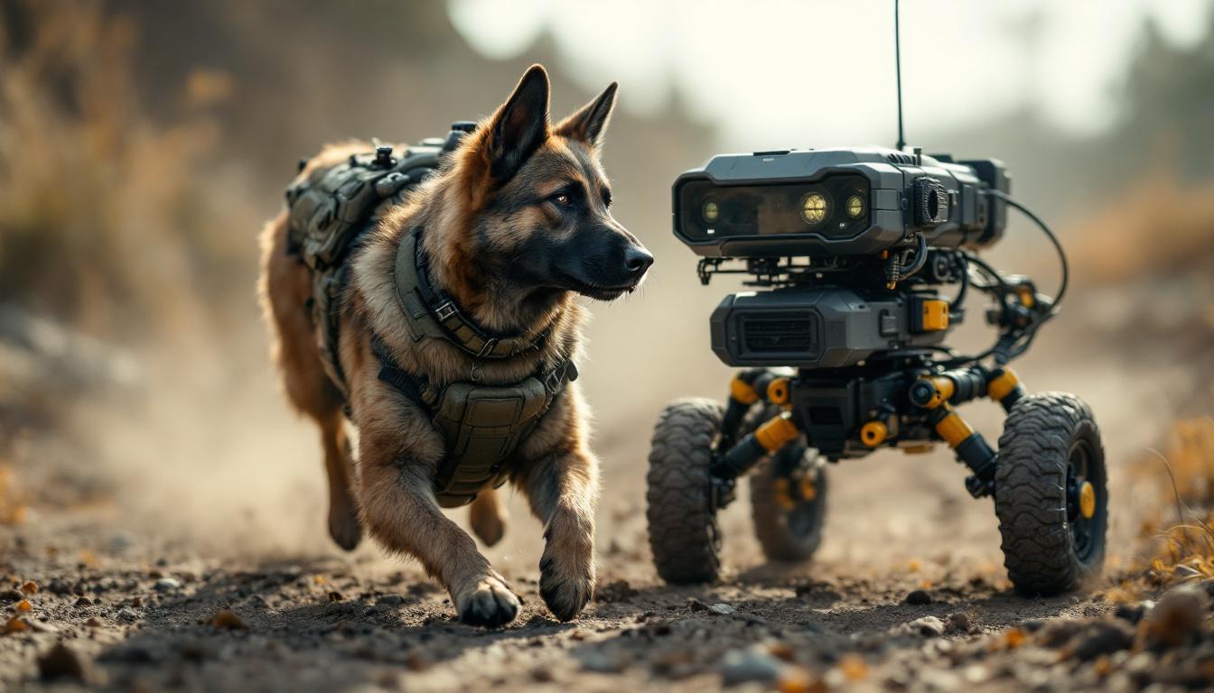 A photograph of a military working dog in action alongside a robotic unit