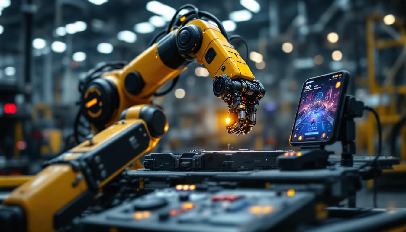 A photograph of a dynamic scene showcasing a robotic arm in an industrial setting