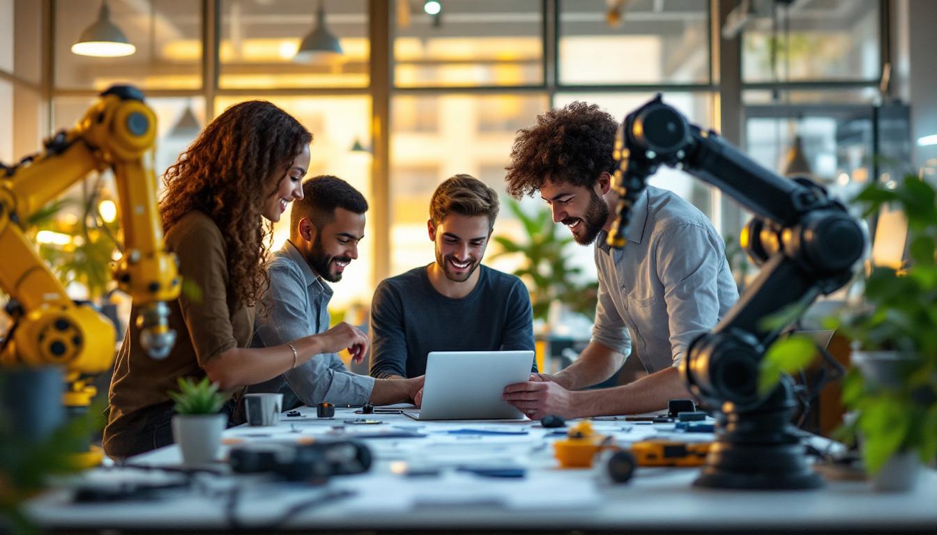 A photograph of a vibrant boston marketing office environment with young professionals collaborating on a project