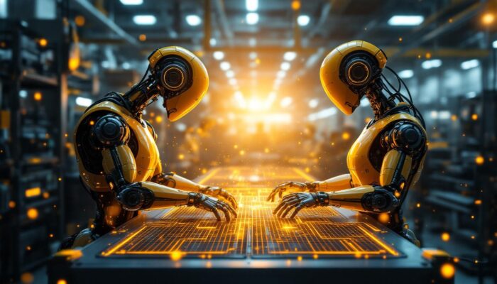 A photograph of a futuristic industrial setting showcasing advanced ai robots in action