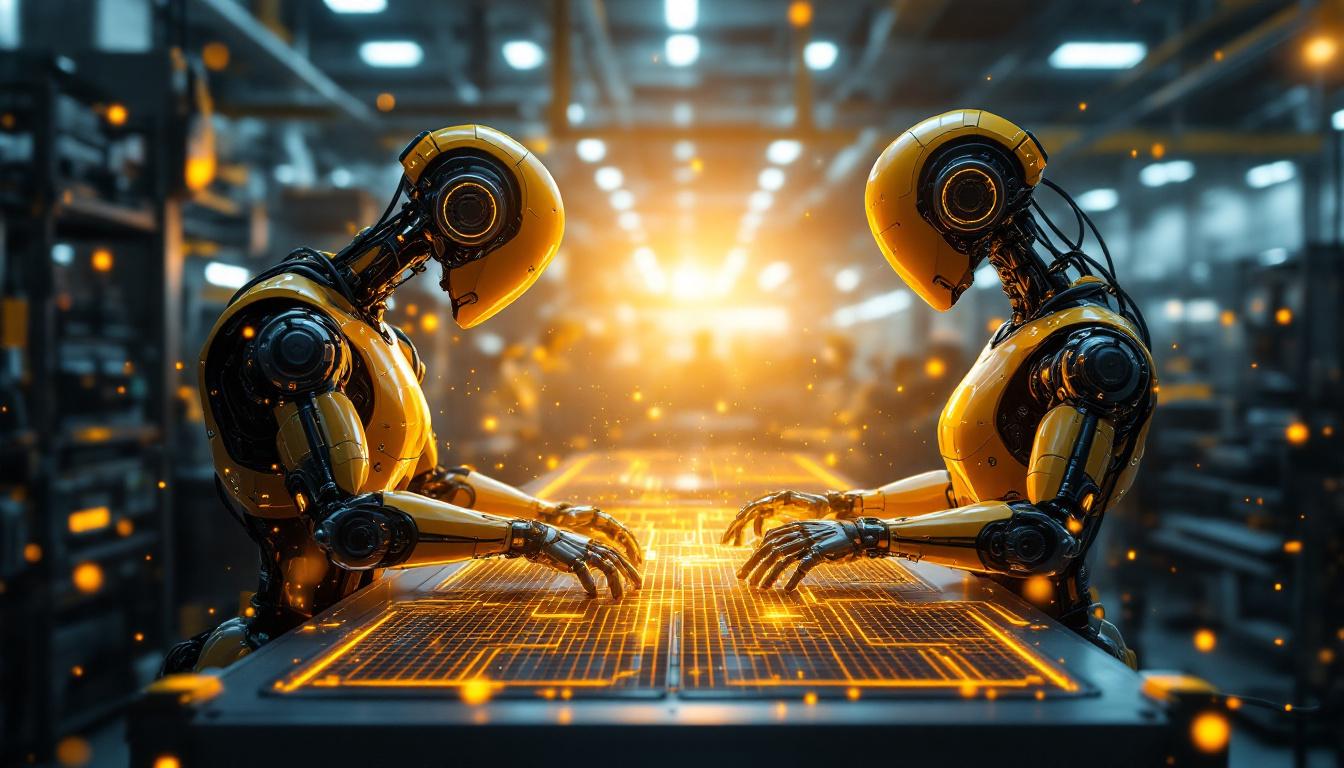 A photograph of a futuristic industrial setting showcasing advanced ai robots in action