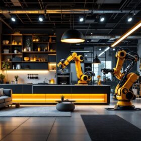 A photograph of a modern smart home interior showcasing integrated domotic systems