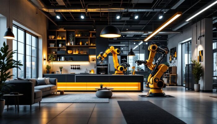 A photograph of a modern smart home interior showcasing integrated domotic systems