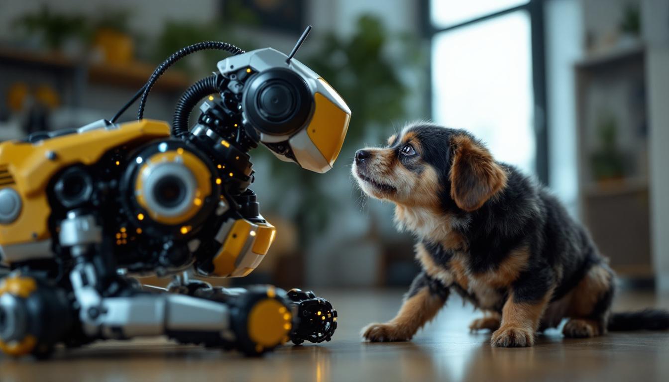 A photograph of a curious dog interacting with a robotic device in a home or industrial setting