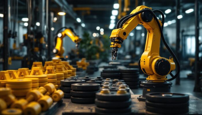 A photograph of a well-organized display of second-hand weights alongside an industrial robotic arm in action